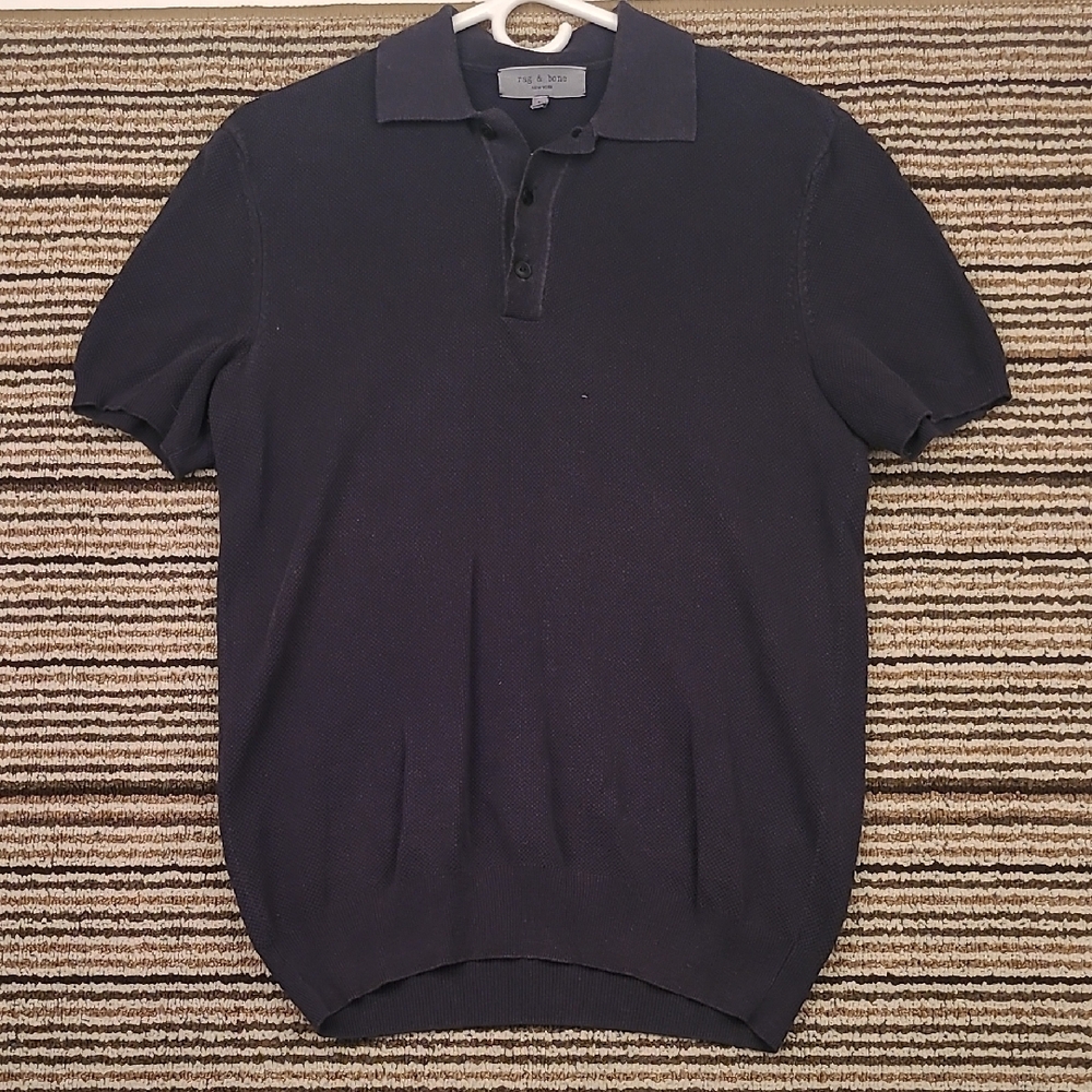 RAG & BONE‎ Dark Grey Weave Knit Cotton Hemp Blend Sz M Mens Tapered Polo Shirt